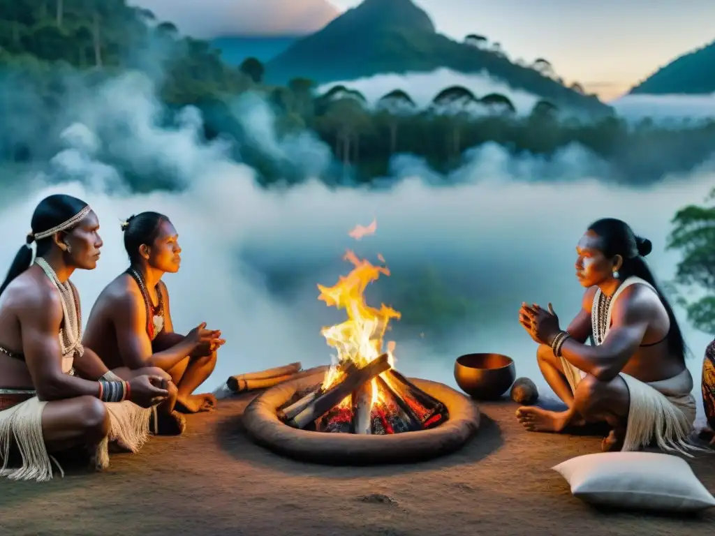 Ceremonia indígena al atardecer con fuego sagrado, ancianos en atuendos ceremoniales y bosque neblinoso