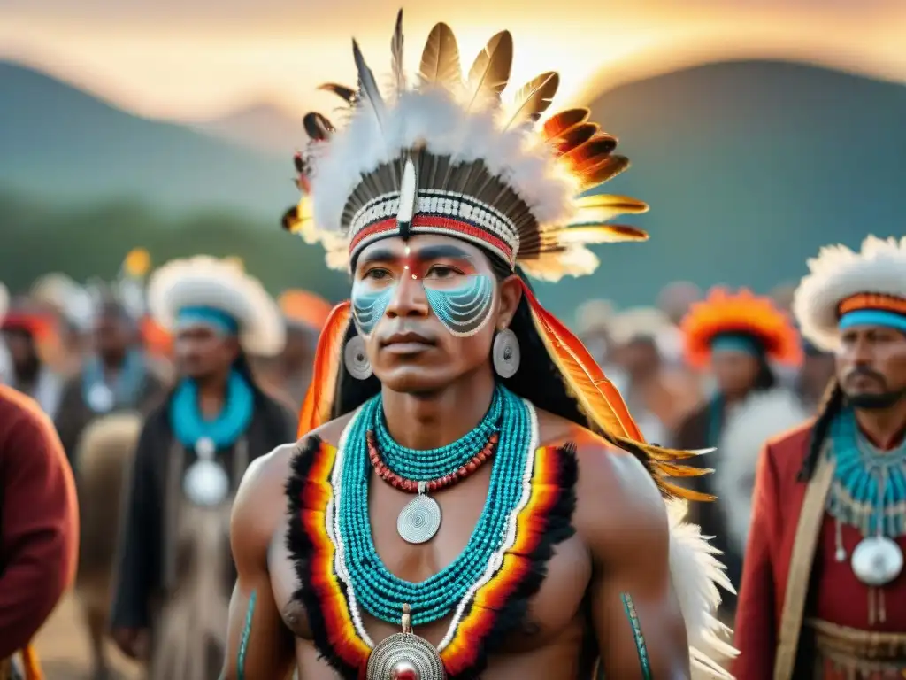 Ceremonia indígena al atardecer con participantes adornados con plumas y accesorios simbólicos