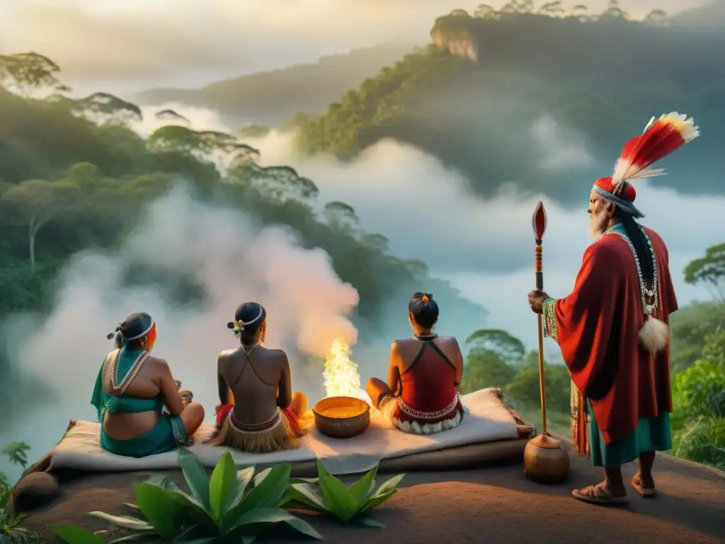 Ceremonia indígena al amanecer en el bosque con ancianos en atuendos tradicionales