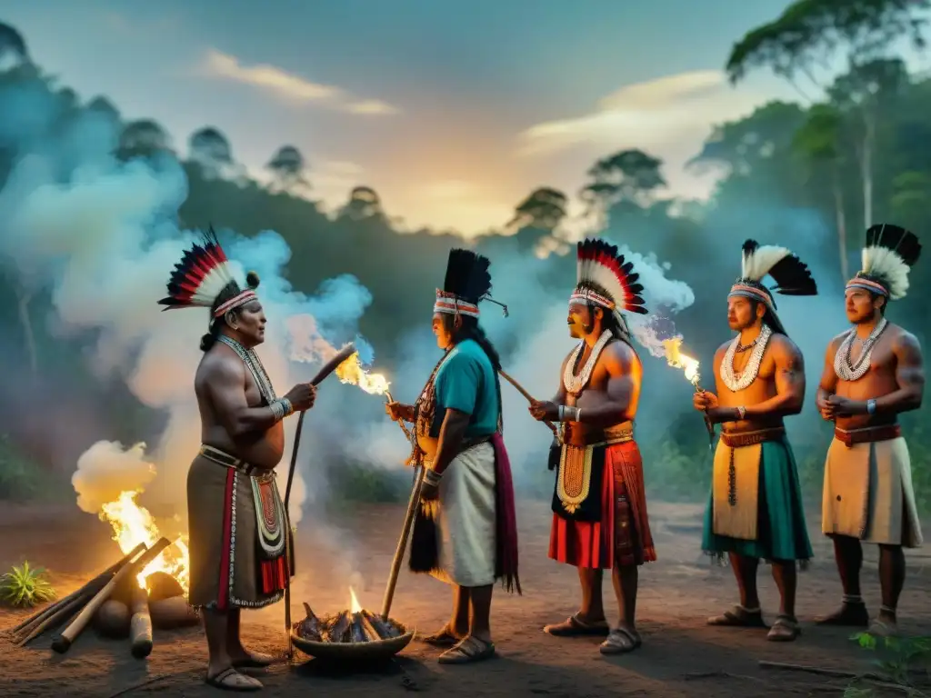 Ceremonia indígena en el bosque con líderes en atuendos ceremoniales, rodeados de antorchas y humo, expresando resistencia colonial