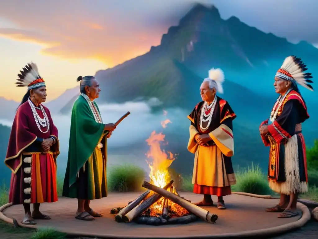 Ceremonia indígena alrededor de fogata, ancianos con atuendos tradicionales, sabiduría y respeto, naturaleza sagrada