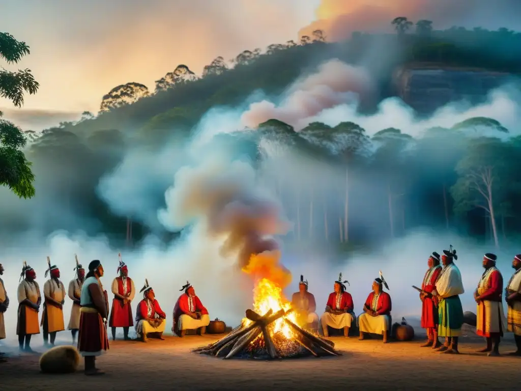 Ceremonia indígena alrededor del fuego en la selva