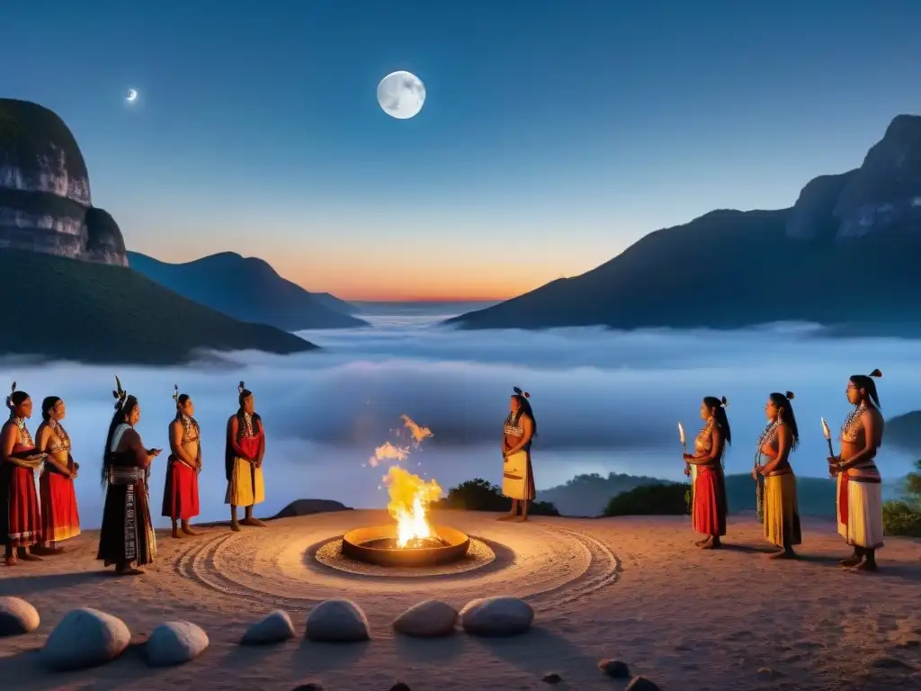 Una ceremonia indígena al anochecer, con la luna de fondo iluminando la comunidad