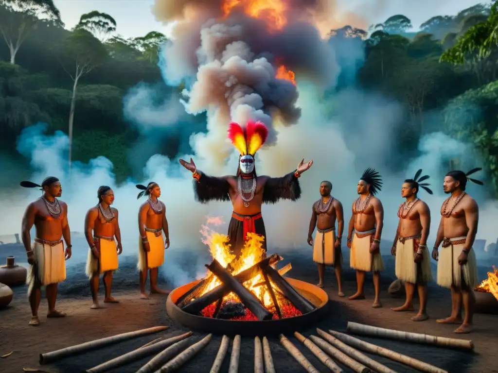 Ceremonia indígena de muerte y renacimiento en la selva: personas con atuendos ceremoniales alrededor de una fogata, creando una atmósfera mística