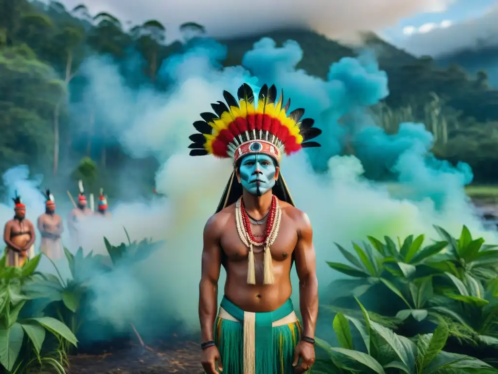 Ceremonia indígena de muerte y renacimiento, ritual en la selva con atuendos ceremoniales vibrantes y humo de hierbas quemadas