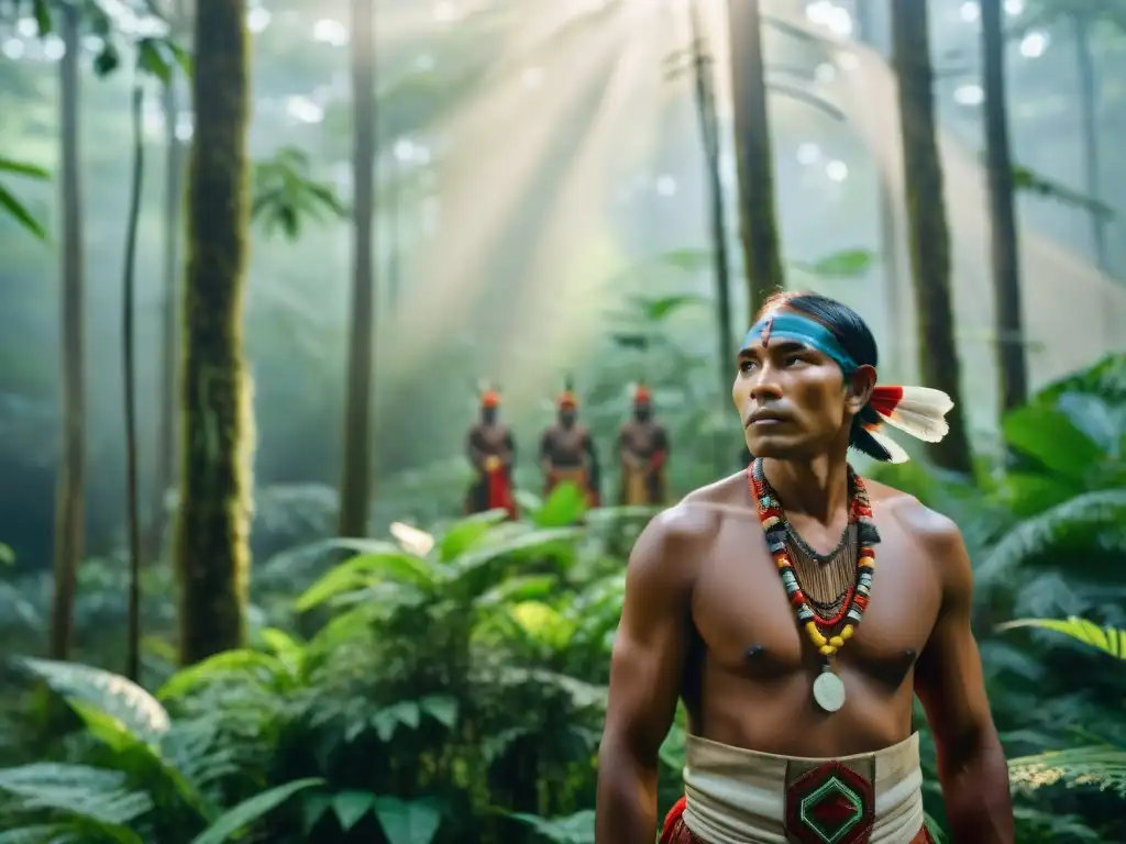 Ceremonia indígena en el bosque: personas en atuendo tradicional bendiciendo la tierra