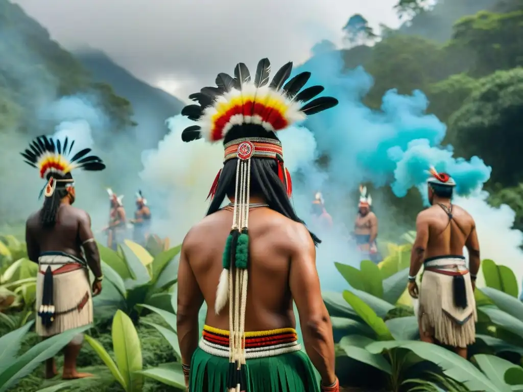 Ceremonia indígena en bosque: resistencia culturas indígenas Américas, líderes con tocados de plumas y textiles coloridos