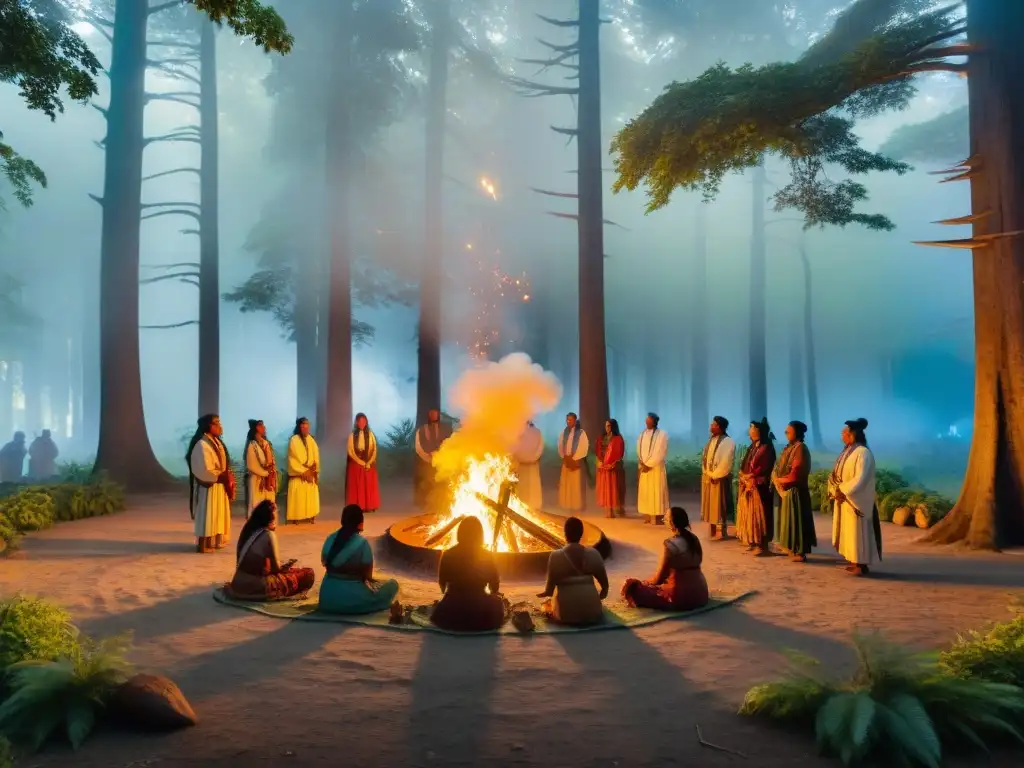 Ceremonia indígena de sanación colectiva al amanecer en el bosque con chamanes, fuego y hierbas aromáticas