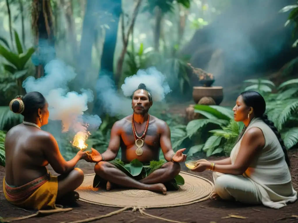 Ceremonia indígena de sanación colectiva en la selva: el curandero realiza un ritual con humo de hierbas, rodeado de participantes en reverencia