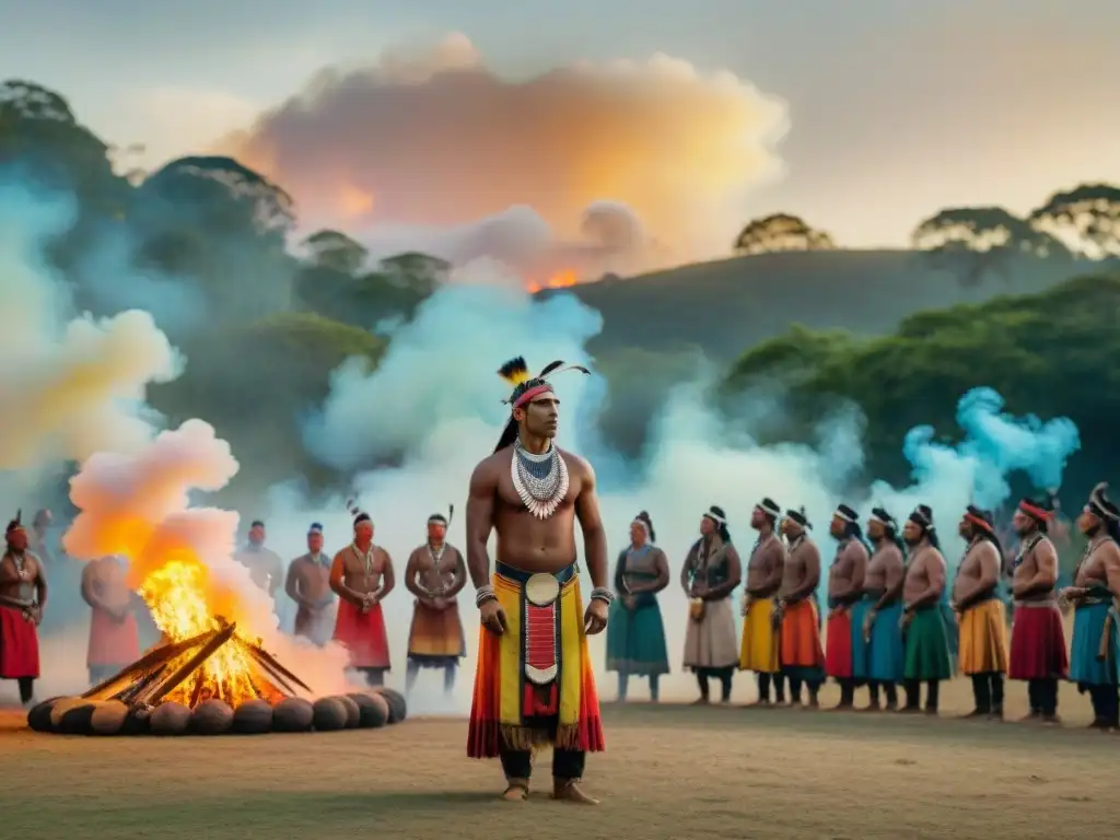 Una ceremonia indígena de sanación colectiva al atardecer, con miembros tribales danzando alrededor de una fogata