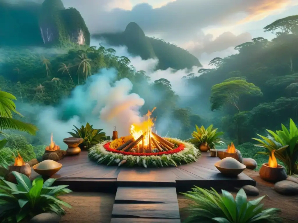 Ceremonia indígena en la selva: altar de piedra tallada con ofrendas alrededor, grupo participando en ritual, humo de incienso
