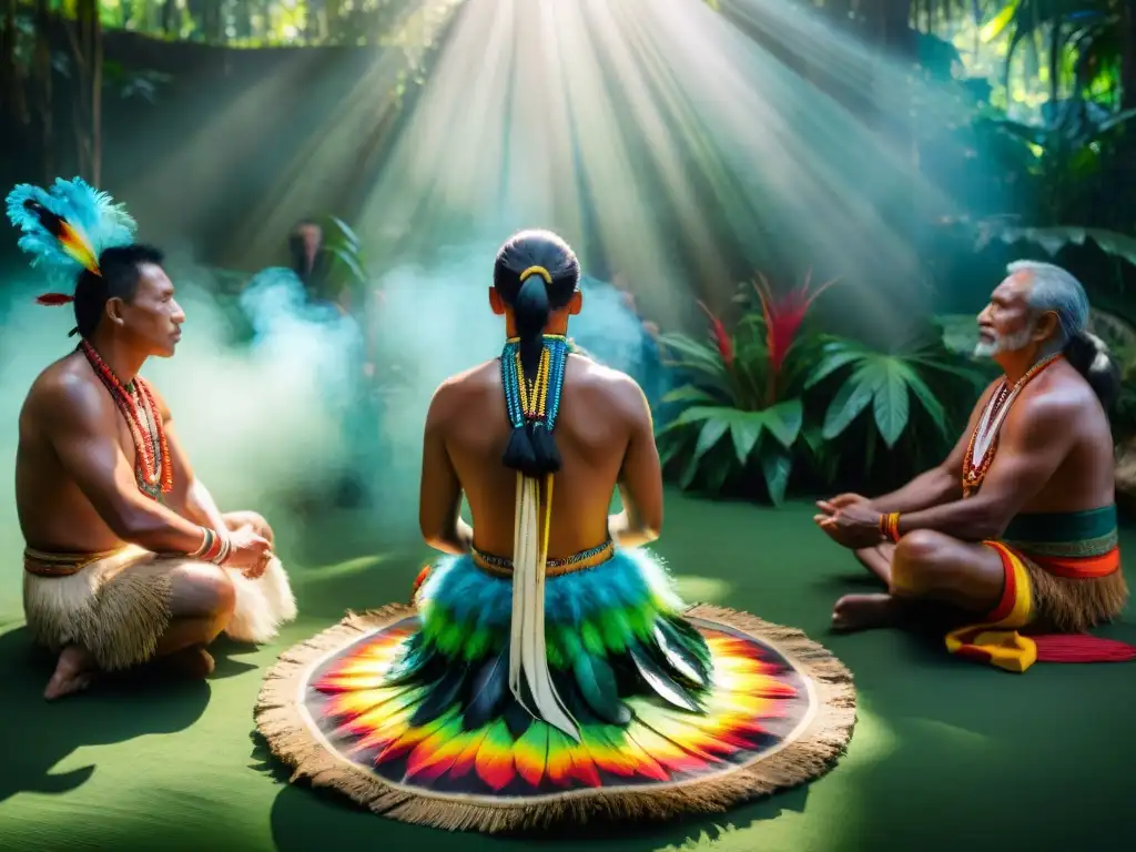 Ceremonia indígena en la selva amazónica con anciano sabio liderando ritual