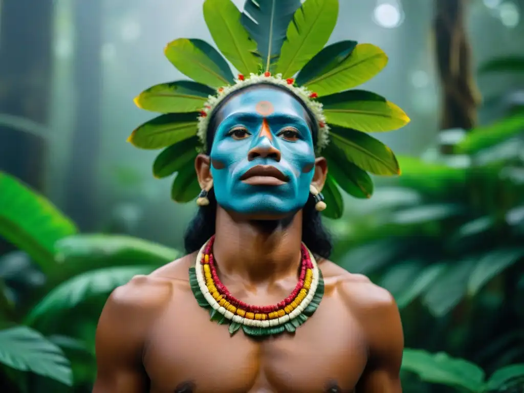 Ceremonia indígena en la selva amazónica, rostros pintados, conectados con la naturaleza