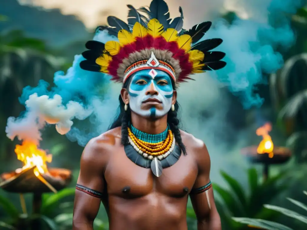 Ceremonia indígena en la selva amazónica con chamanes, plumas y pinturas corporales, rodeados de árboles