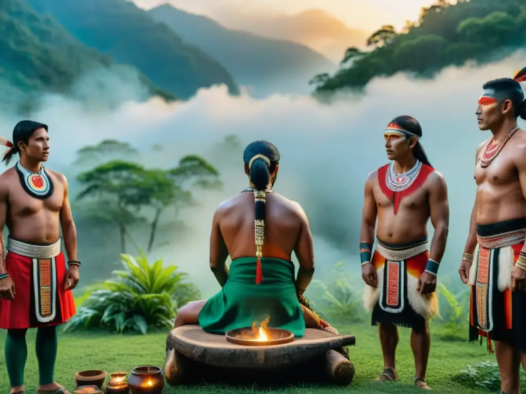 Ceremonia indígena en la selva con vestimenta tradicional, pinturas faciales y sabiduría ancestral al atardecer
