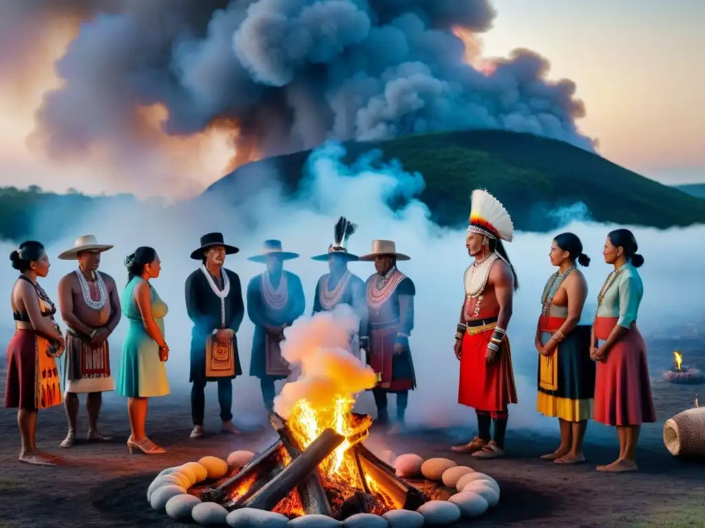 Ceremonia indígena al amanecer con significado de muerte y renacimiento, ancianos alrededor de fogata