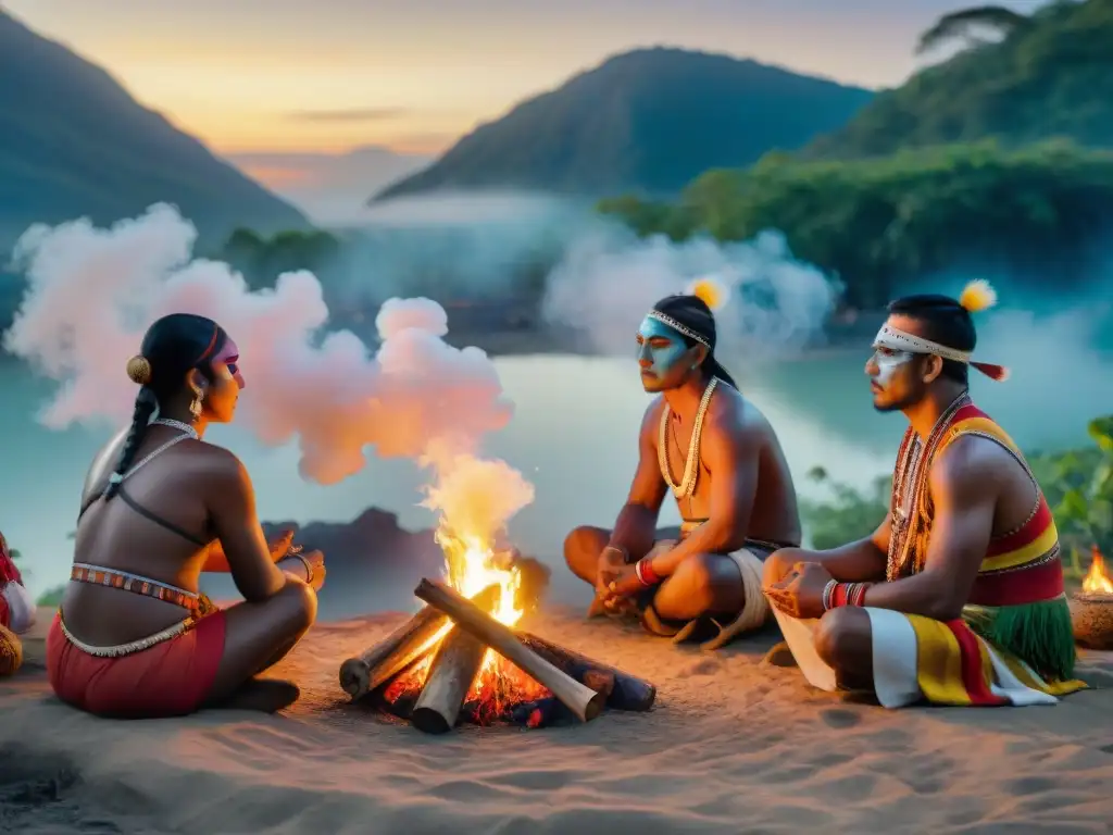 Una ceremonia indígena tradicional llena de color y misticismo al atardecer, promoviendo la salud mental en culturas indígenas