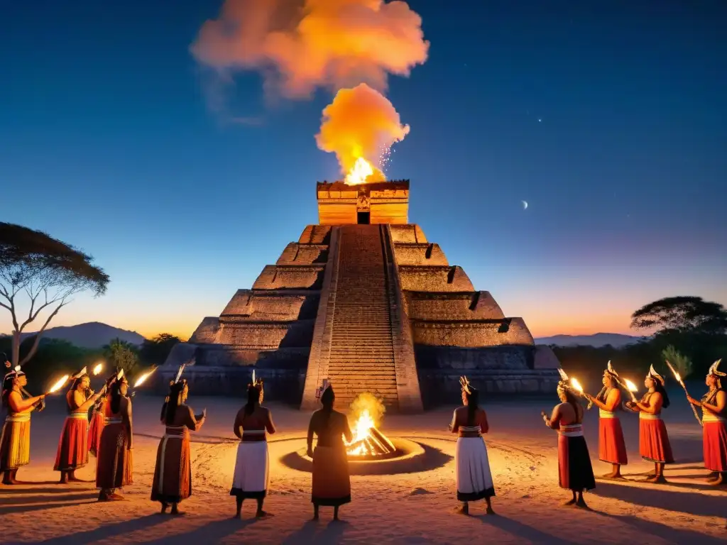 Una ceremonia indígena tradicional bajo la noche estrellada, con participantes danzando alrededor del fuego en un antiguo templo