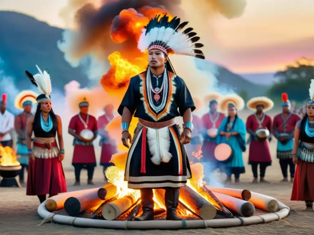 Una ceremonia indígena vibrante al atardecer, con rituales festividades indígenas interculturales en torno a una gran fogata iluminada