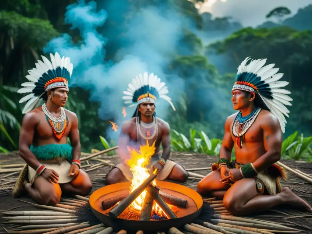 Una ceremonia indígena vibrante en la selva amazónica con atuendos tradicionales y plumas coloridas alrededor de una fogata