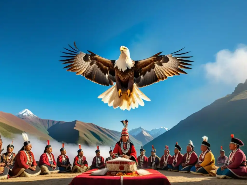 Ceremonia indígena en los Andes con águila y cóndor