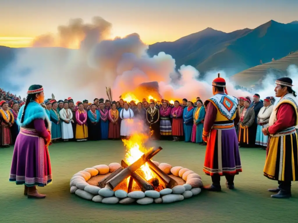 Ceremonia Inti Raymi: grupo Quechua en coloridos trajes alrededor de fogata, conectados con la naturaleza y tradiciones ancestrales