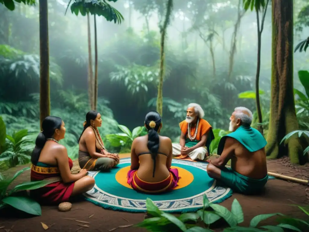 Ceremonia de preservación de lenguas en peligro indígenas en la selva: ancianos rodeados de cultura ancestral