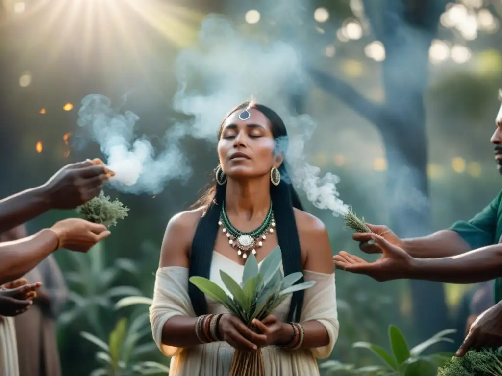 Ceremonia de limpieza con humo de hierbas por curandero indígena en comunidad