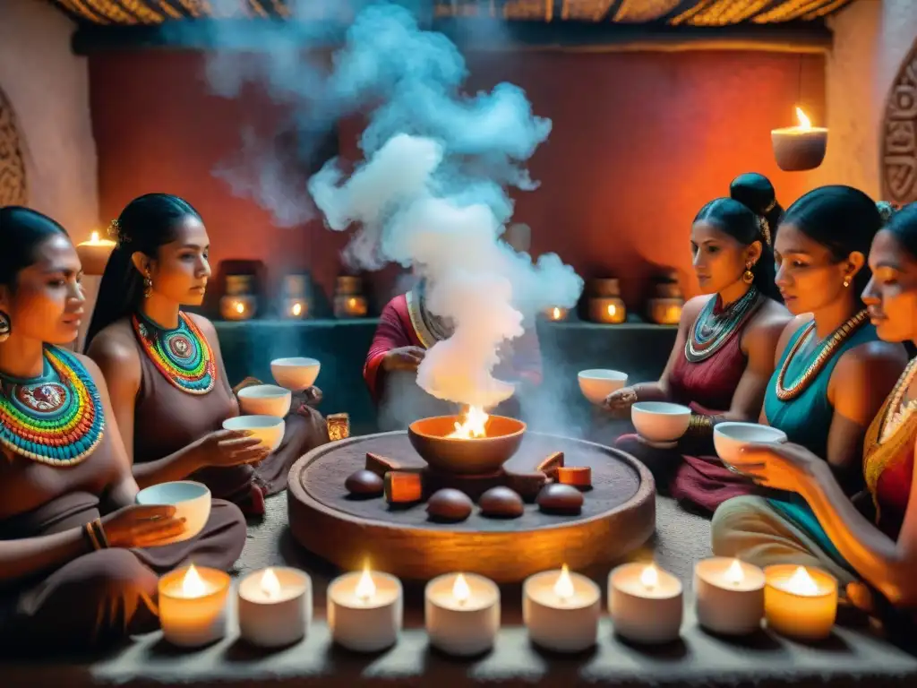 Una ceremonia maya del cacao en ambiente místico y cálido, con historia cultura arte indígena