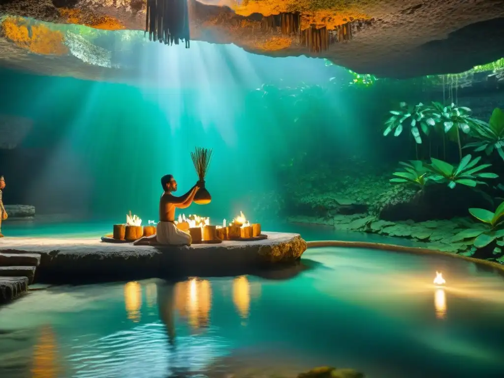 Una ceremonia maya en un cenote, resaltando la importancia del agua en cosmovisiones indígenas