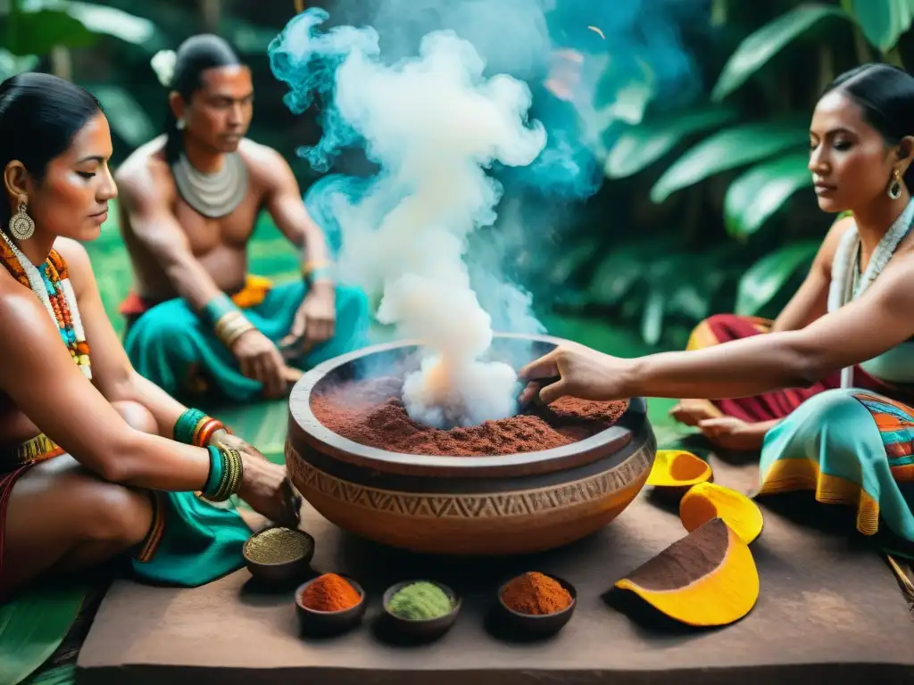 Una ceremonia maya con colores vibrantes y cacao, reflejando la historia, cultura y arte indígena