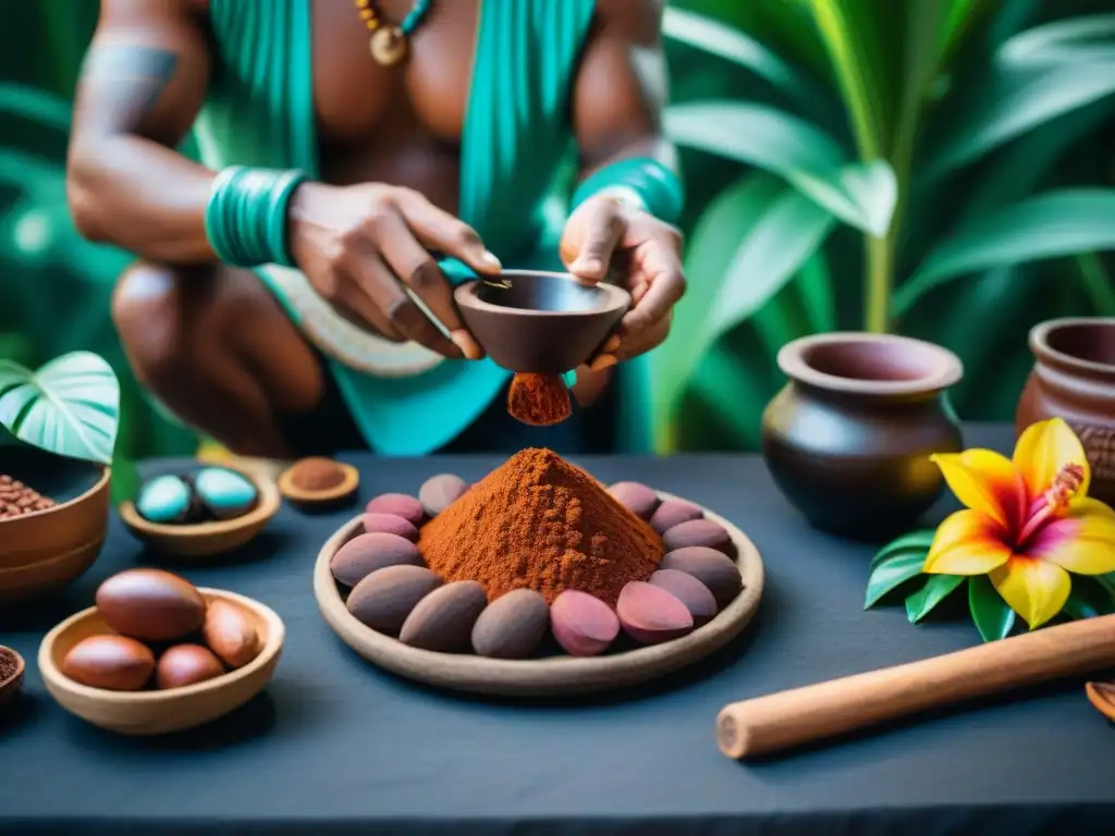 Ceremonia mesoamericana de cacao: origen y beneficios del chocolate en vibrante escena ancestral