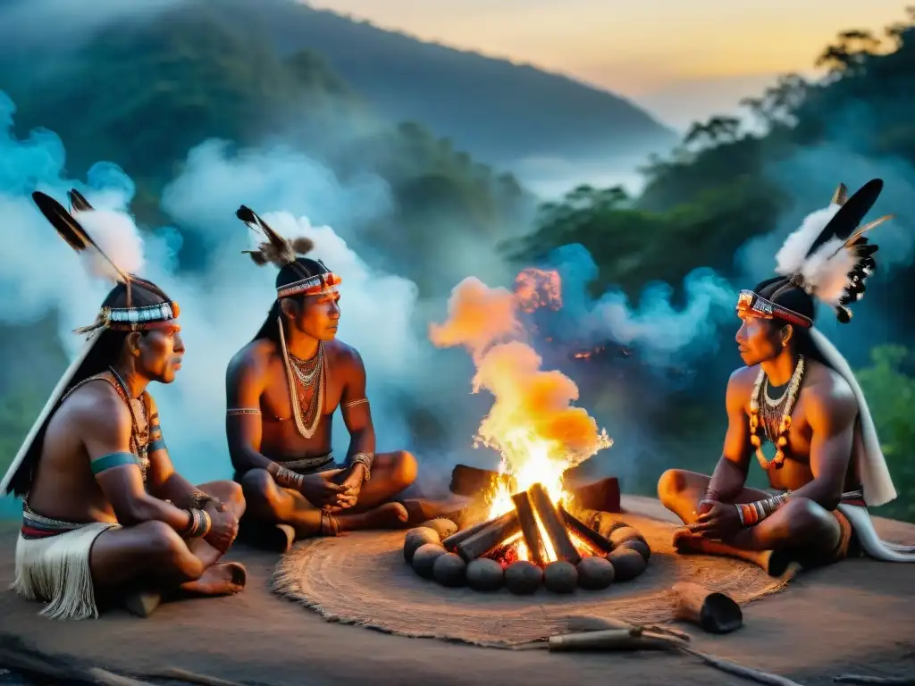 Ceremonia mística de chamanes indígenas en la selva al atardecer