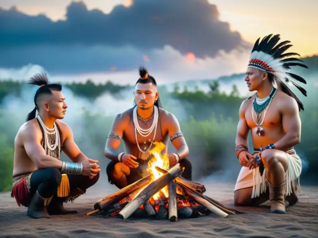 Ceremonia Mohawk al atardecer: danza sagrada alrededor del fuego, reflejando la espiritualidad Mohawk en la actualidad