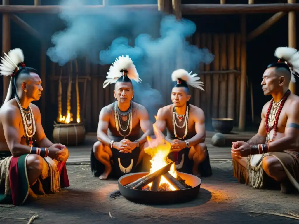 Rituales sagrados: Ancianos Mohawk en ceremonia ancestral Ceremonia Mohawk en la longhouse: ancianos en regalia tradicional junto al fuego, expresando sabiduría y reverencia