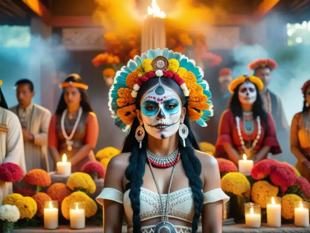 Ceremonia Día de Muertos Indígena: Grupo con atuendos tradicionales coloridos frente a altar de maravillosas ofrendas en ambiente místico