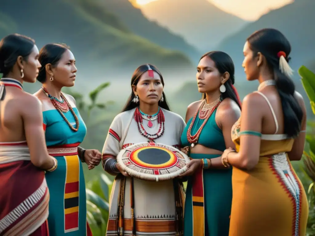 Ceremonia de mujeres indígenas en círculo, con atuendos tradicionales y símbolos culturales