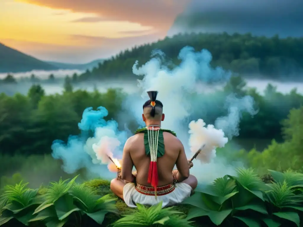 Ceremonia de purificación Mohawk en la naturaleza al atardecer, con humo fragante y regalía colorida