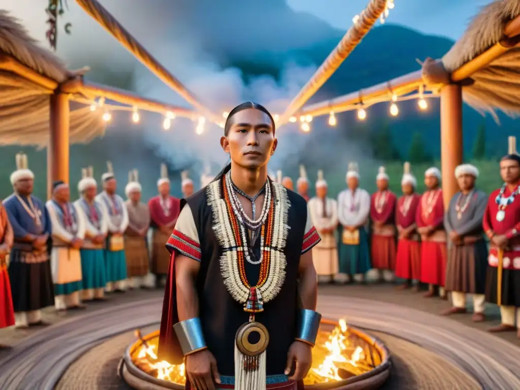 Ceremonia de paso en cultura indígena: joven en atuendo ceremonial rodeado de ancianos y miembros de la comunidad bajo un cielo estrellado