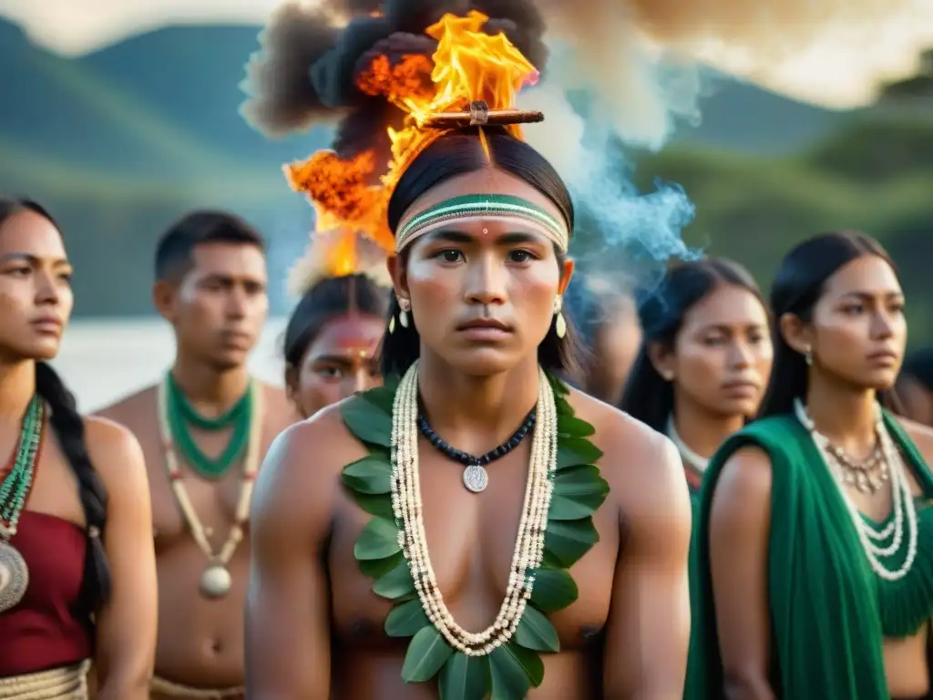 Ceremonia de paso en culturas indígenas: Adolescentes en rito alrededor del fuego, expresando emociones únicas en su transición a la adultez