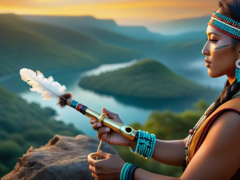 Ceremonia de la pipa de la paz: un objeto simbólico adornado con plumas y cuentas, en armonía con la naturaleza al atardecer