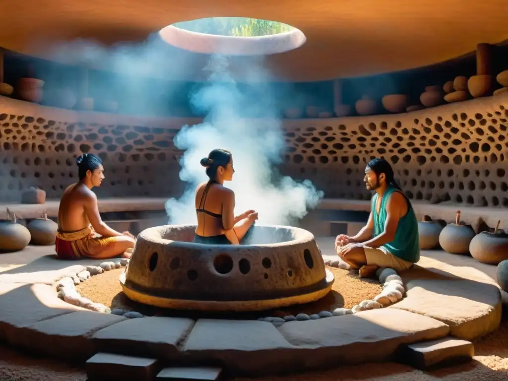 Ceremonia de Temazcal: purificación y renacimiento en un espacio ceremonial con decoraciones indígenas y atmosfera espiritual