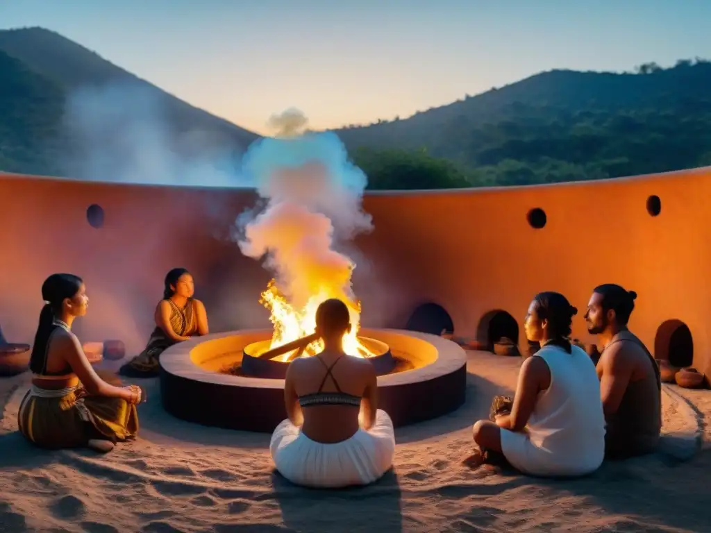 Ceremonia Temazcal de purificación y renacimiento al anochecer, con participantes en silueta