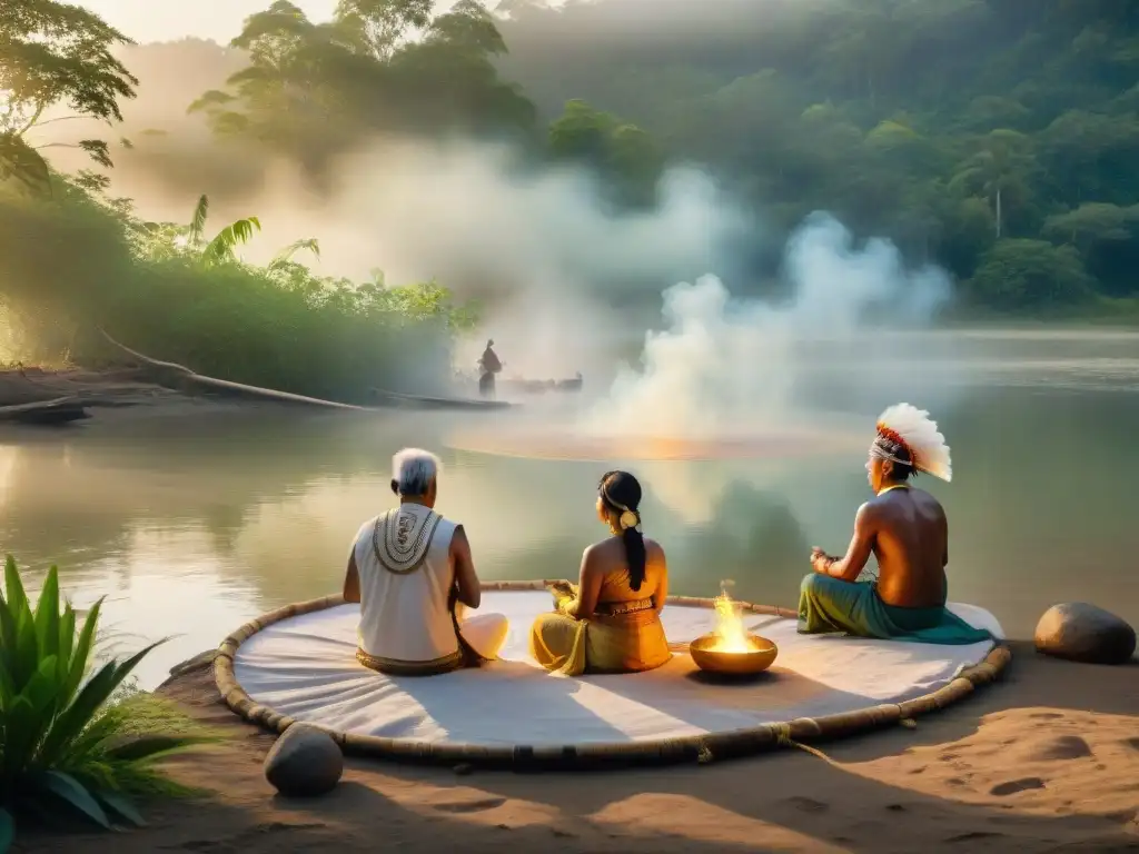 Ceremonia de purificación al amanecer en un río, con ancianos y participantes en ritual indígena