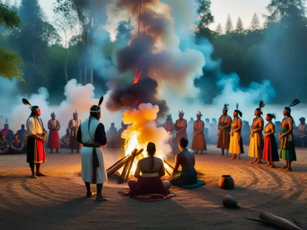 Ceremonia de Ritos de muerte y renacimiento en la selva al anochecer, con chamanes y fuego sagrado