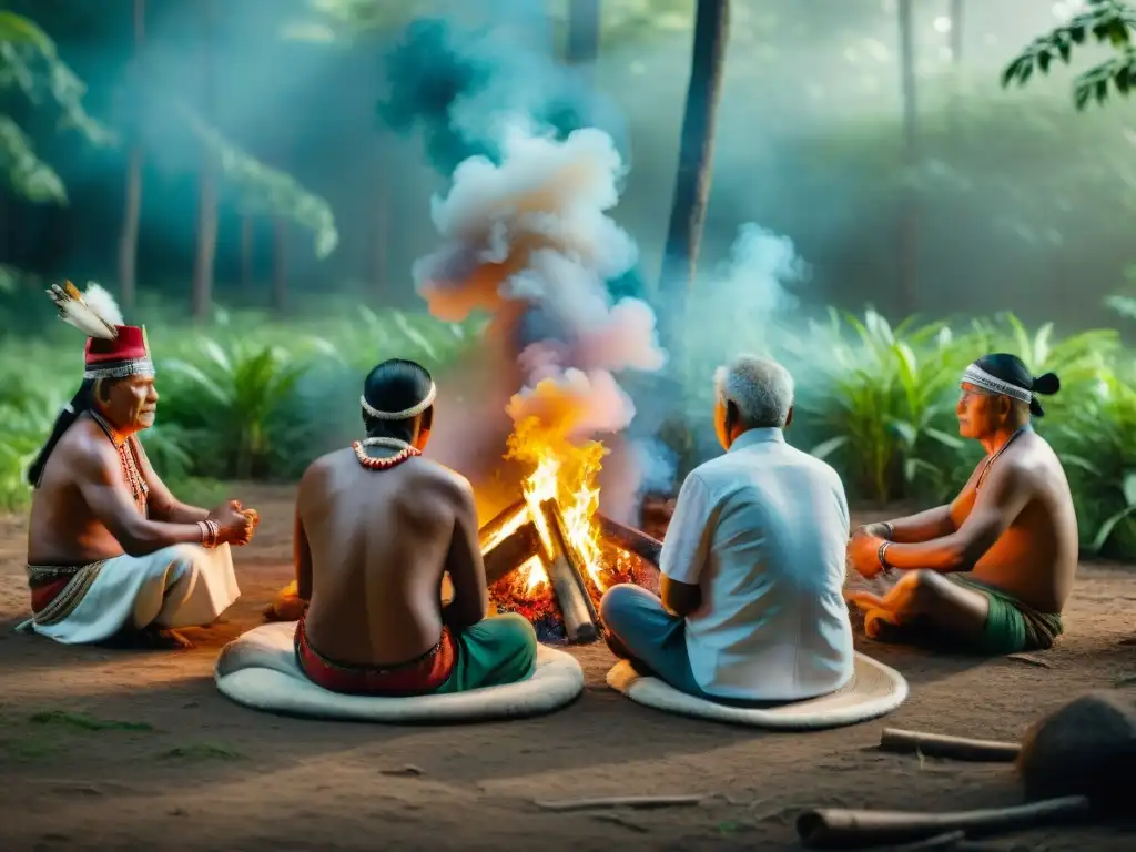 Ceremonia ritual indígena: ancianos en trajes tradicionales alrededor del fuego sagrado en el bosque