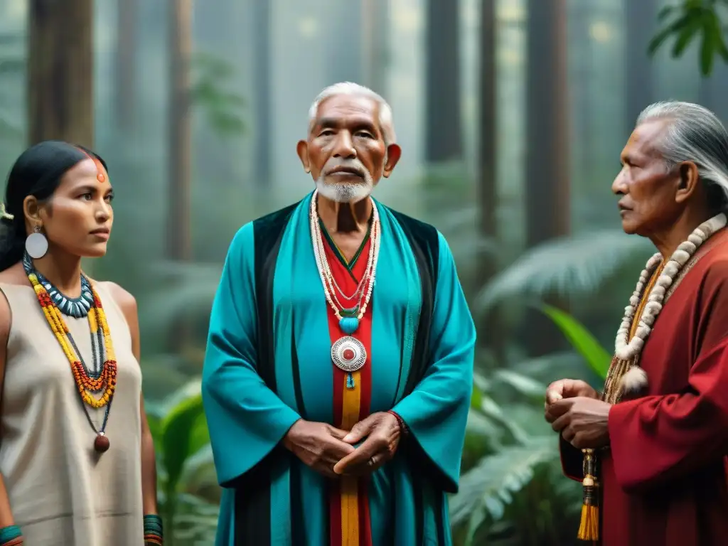 Ceremonia de sabiduría entre ancianos indígenas y jóvenes en la naturaleza, protegiendo conocimientos tradicionales indígenas