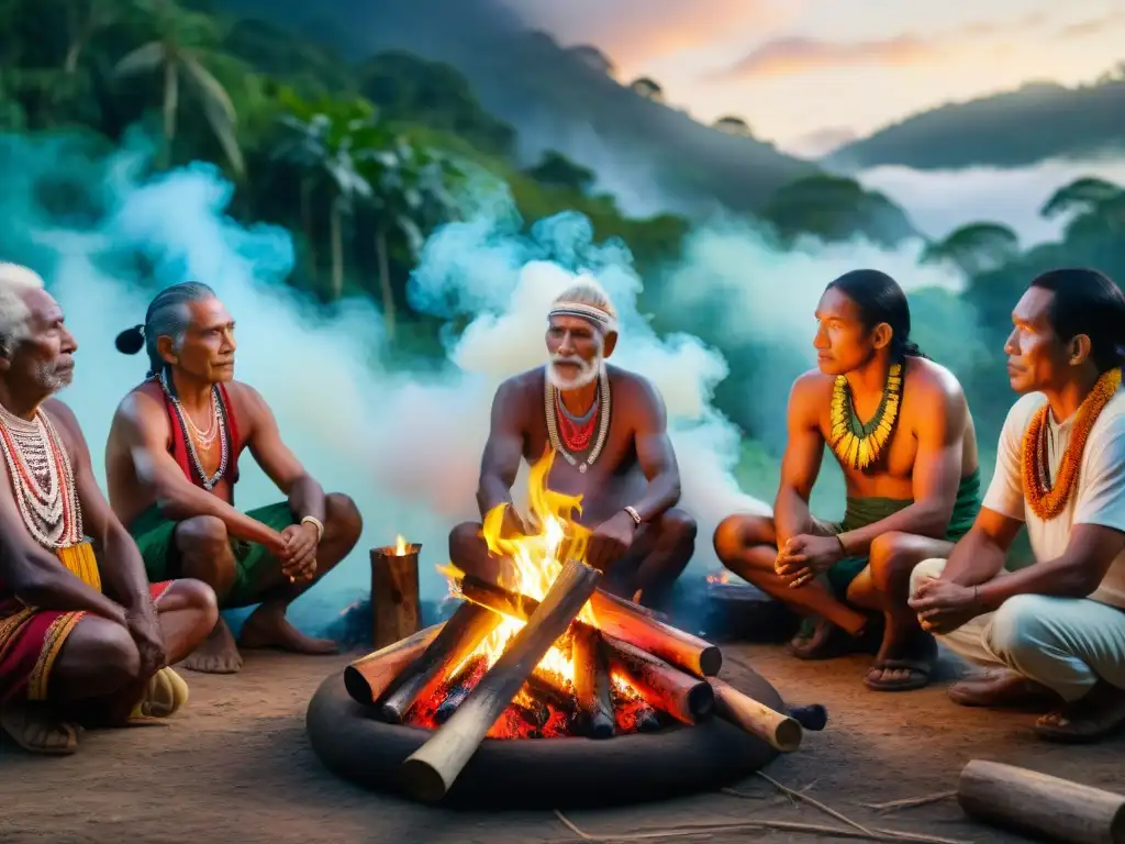 Ceremonia de sabiduría y conexión con la naturaleza de ancianos indígenas de las Américas en la selva amazónica