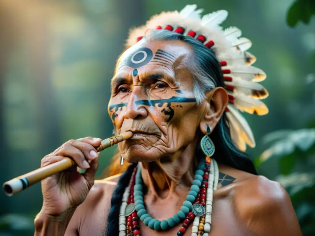 Una ceremonia sagrada: anciano nativo con pipa de paz, símbolos tradicionales, armonía en el bosque