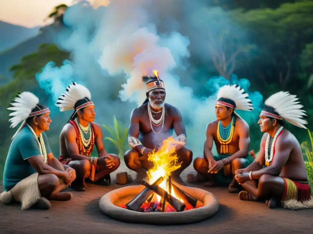 Ceremonia sagrada de ancianos indígenas alrededor del fuego en un sitio sagrado, con vestimenta tradicional y naturaleza exuberante